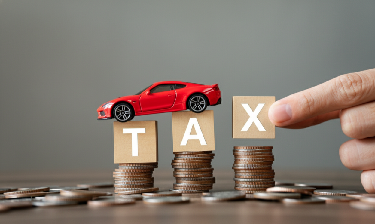 미니어처 빨간 스포츠카가 'TAX'라고 쓰인 나무 블록 위에 놓여 있고, 블록 아래에는 동전 더미가 쌓여 있다.