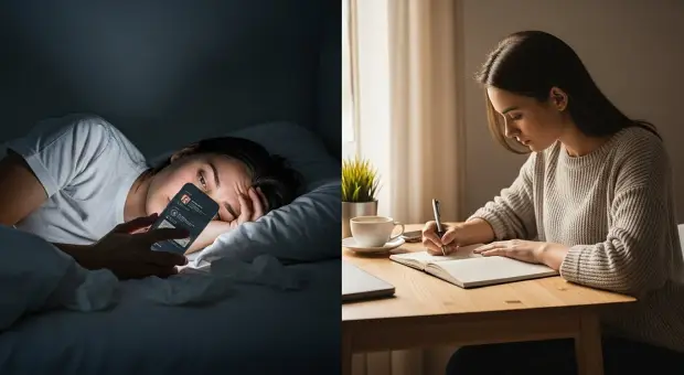 미루며 스마트폰을 보는 모습과 작은 행동을 시작하는 모습의 대비