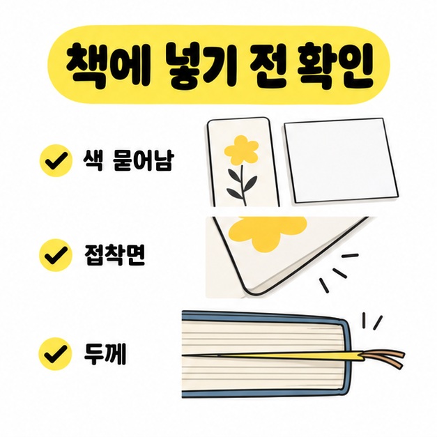 책에 넣기 전 색 묻어남, 접착면, 두께를 깨끗한 종이와 책갈피 가장자리 및 책의 옆면 그림으로 확인하는 안내