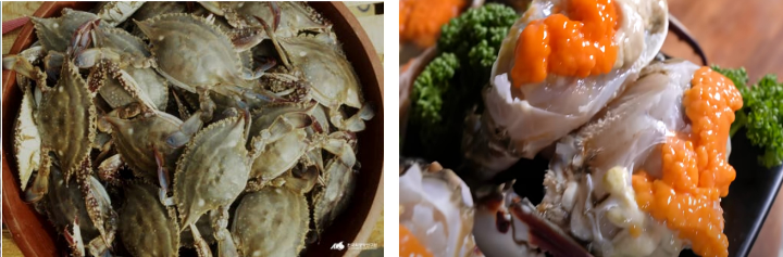 왼쪽에는 큰대야에 꽂개가 한 가득입니다. 오른쪽에는 개딱지를 때고 반으로 잘라 놓은 모습인데 살이 꽉차 있습니다.
