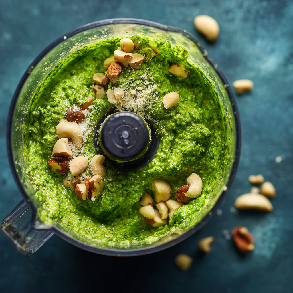 바질, 마늘, 잣, 치즈를 갈며 녹색 페스토가 만들어지는 과정