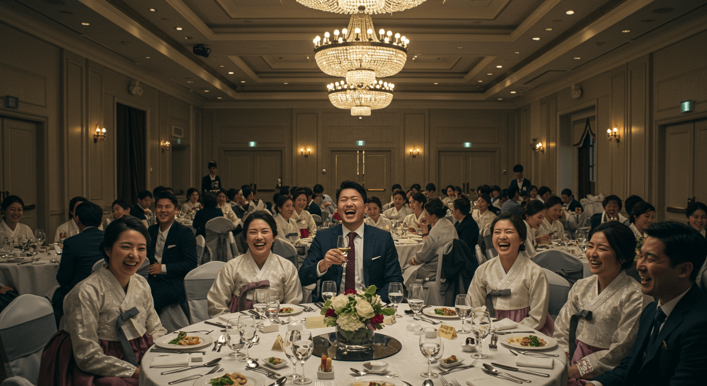 하객들이 웨딩홀에서 식사를 즐기며 대화하는 모습 3