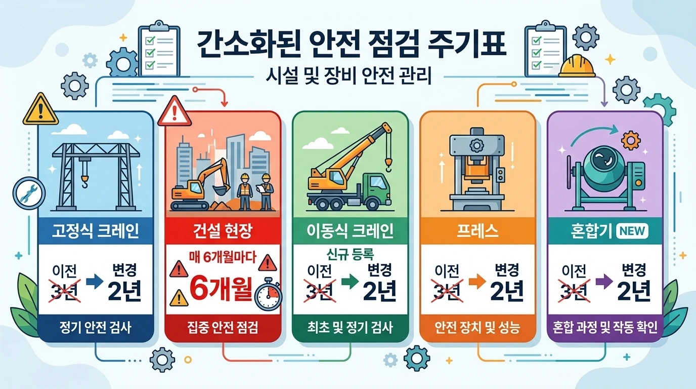 안전검사 기계별 최초·정기 주기 비교표 — 건설현장 6개월 특별 주의사항 포함