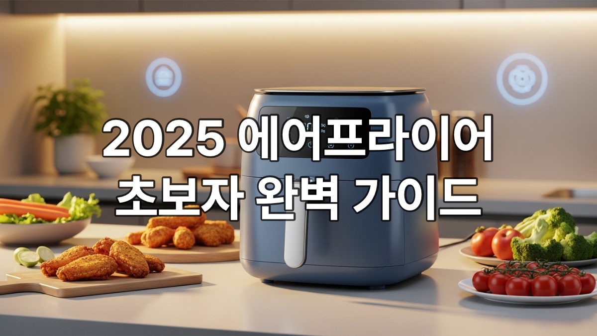 2025년형 스마트 에어프라이어가 놓인 깔끔한 주방 풍경. 에어프라이어 주변에는 바삭하게 조리된 치킨과 채소 요리가 먹음직스럽게 놓여 있습니다.