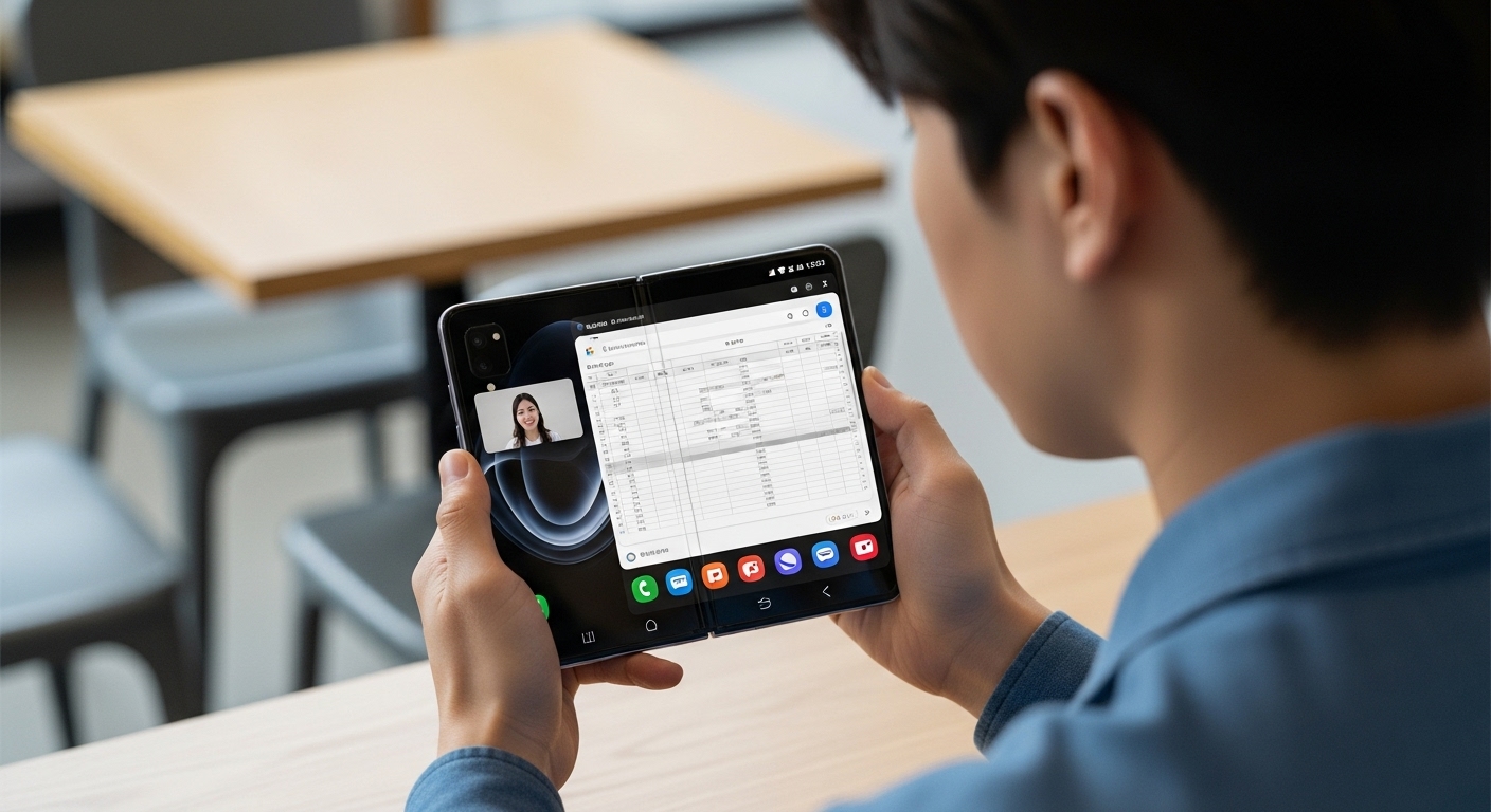 현대적인 한국인 전문가가 갤럭시Z 트라이폴드를 최대로 펼쳐 세 가지 앱을 동시에 사용하는 모습. 뛰어난 멀티태스킹 성능이 강조됩니다.