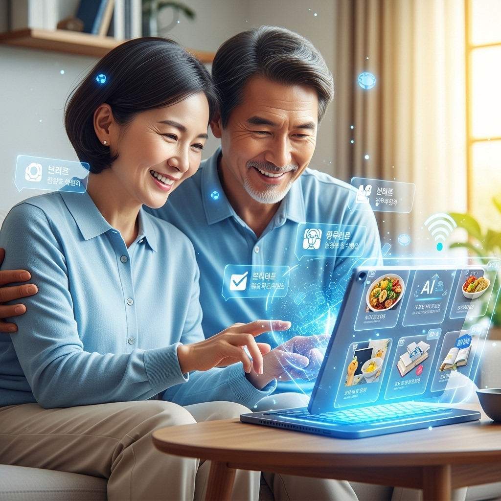 스마트폰과 태블릿을 보며 웃고 있는 중년 부부의 모습. 챗GPT를 활용해 일상을 편리하게 만드는 AI 시대의 스마트한 중년 이미지.