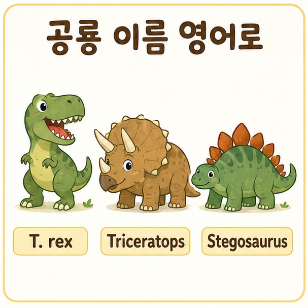 티라노사우루스는 T. rex, 트리케라톱스는 Triceratops, 스테고사우루스는 Stegosaurus라고 쓰는 모습을 보여주는 이미지