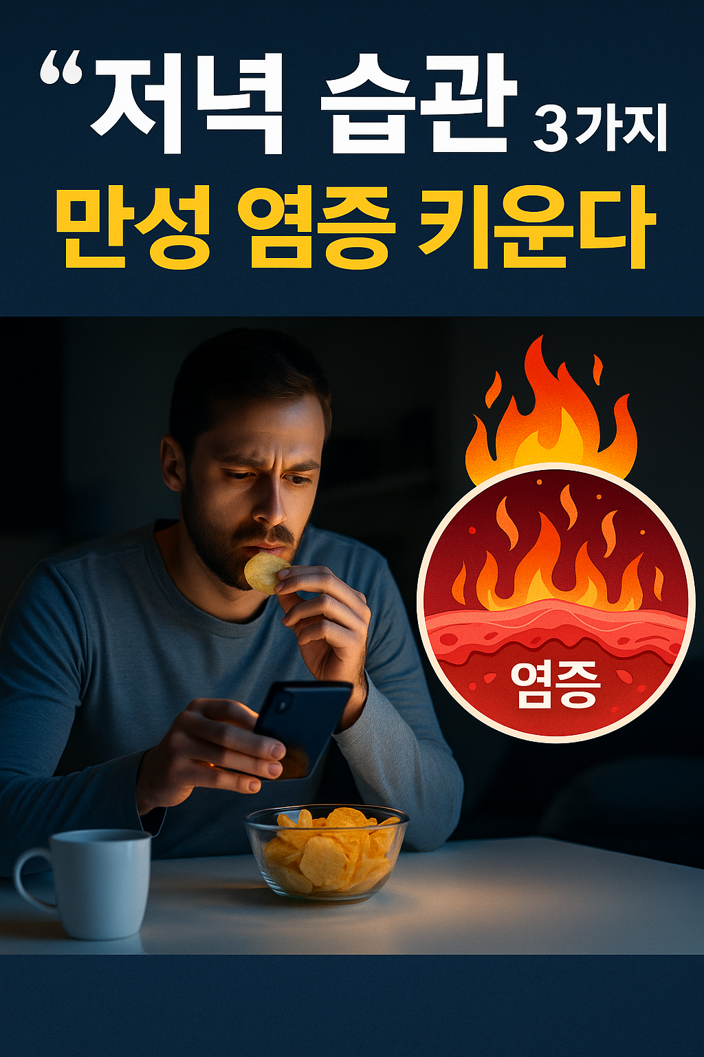 “저녁 시간의 잘못된 생활 습관이 만성 염증을 악화시키는 위험성을 시각적으로 강조한 한국어 건강 뉴스형 썸네일 이미지”