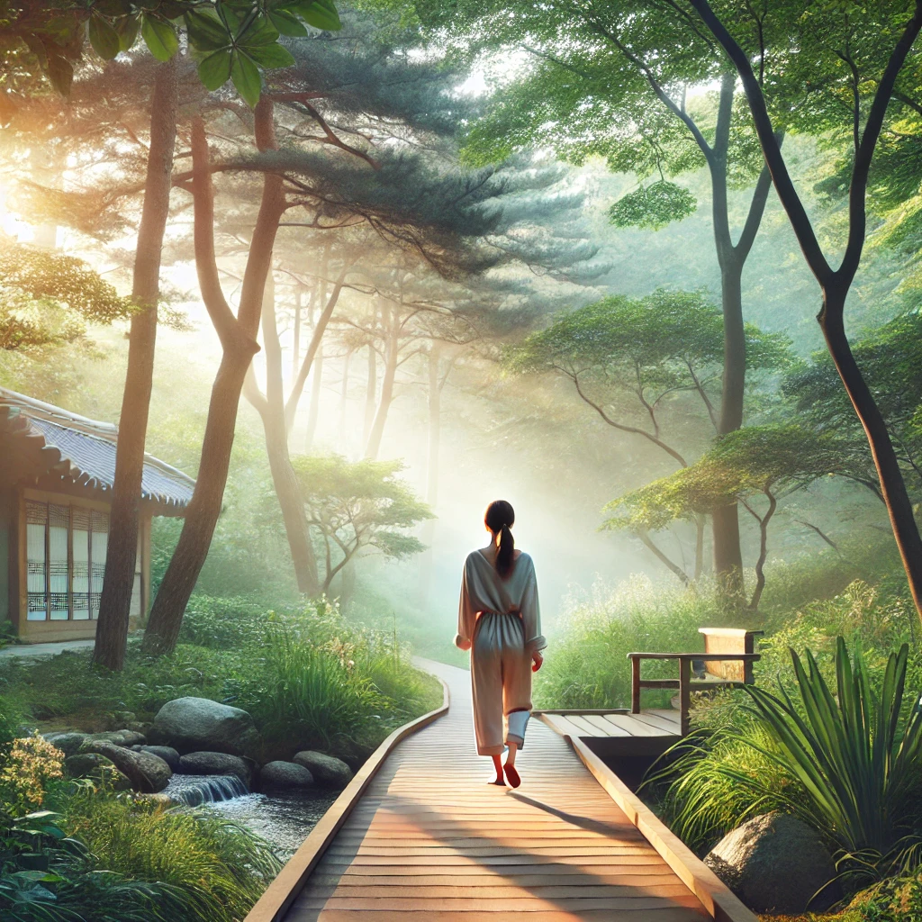 숲속 데크를 걷는 여자