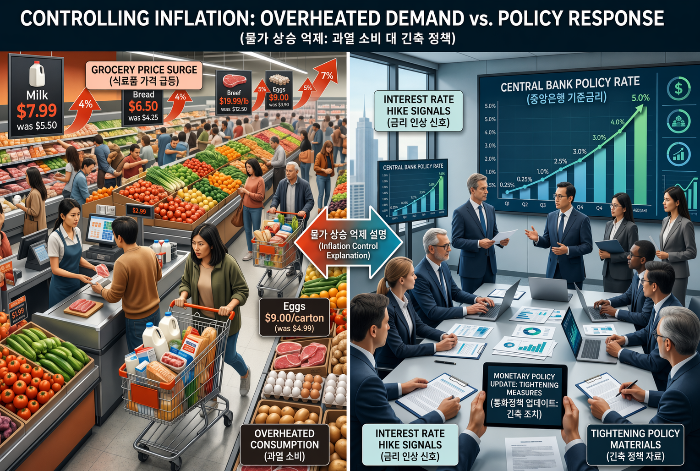 물가 상승과 금리 인상 필요성을 보여주는 경제 장면