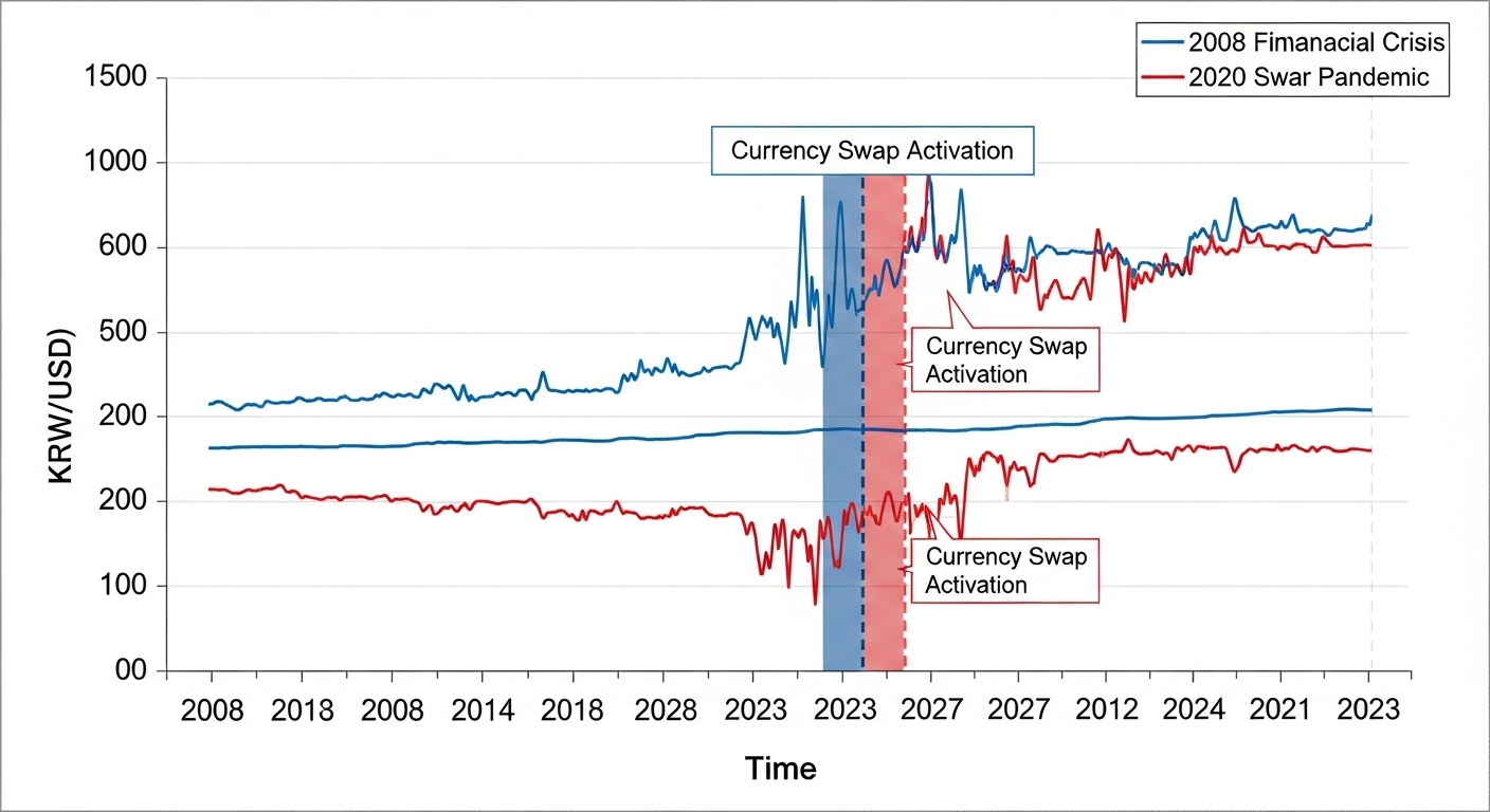 두 시기의 환율 그래프와 통화 스와프 체결 지점을 표시한 차트