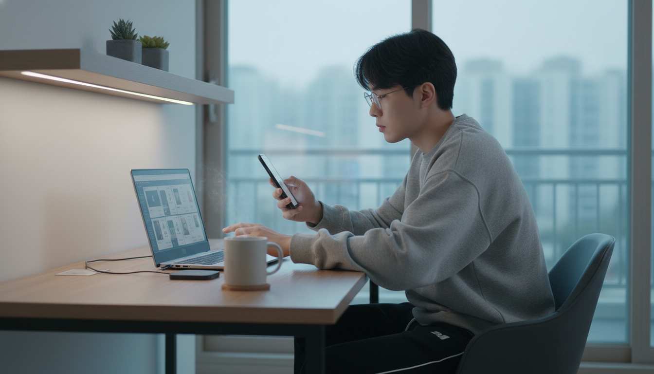 모바일 앱과 노트북을 보며 숙박세일 페스타 쿠폰 발급을 위해 집중하는 젊은 한국인.