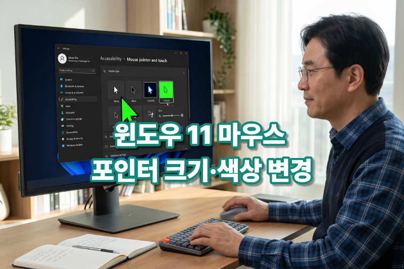 윈도우 11에서 마우스 포인터 크기와 색상을 변경해 보기 쉽게 설정하는 방법