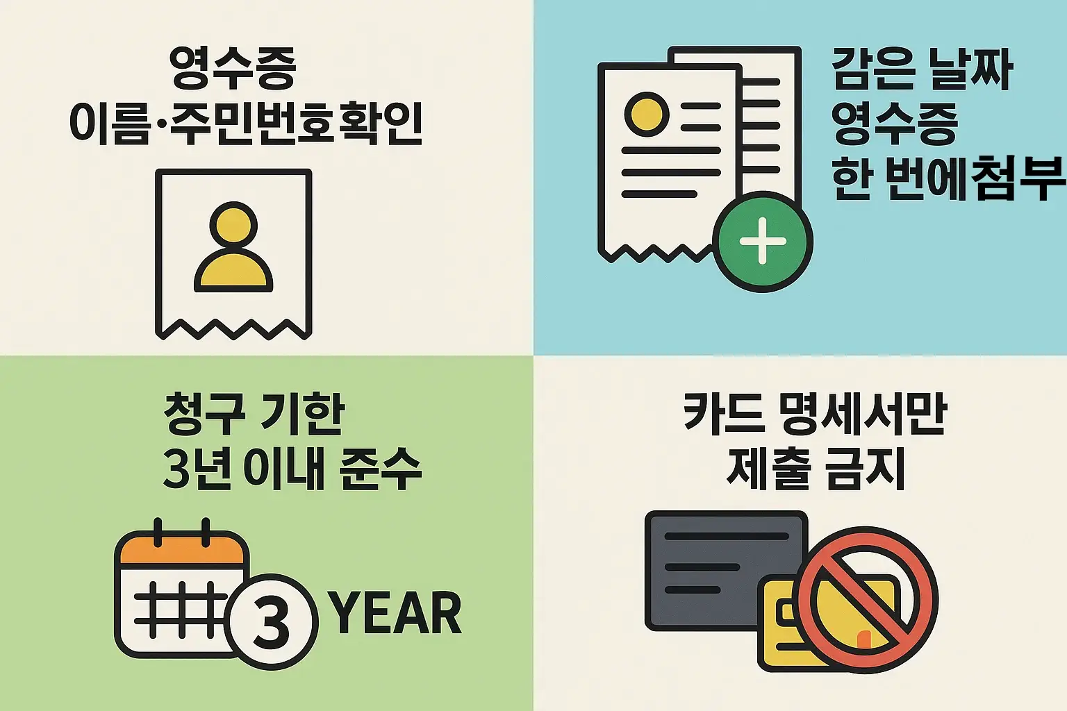 영수증 확인, 청구 기한, 명세서 제출 등 실손보험 청구 시 주의해야 할 핵심 포인트를 정리한 인포그래픽