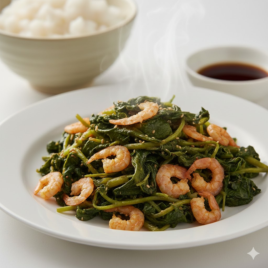 건새우를 넣어 감칠맛을 극대화하고 아욱의 달큰한 맛을 살린 아삭하고 부드러운 볶음 요리