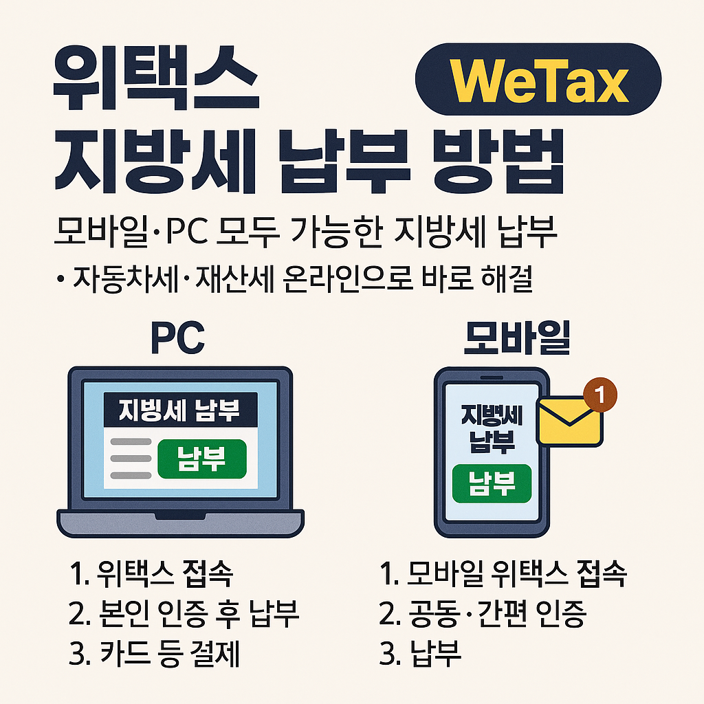 <p style="display:none;"> 지방세 위택스 납부 방법 총정리 모바일·PC 모두 가능한 지방세 납부 자동차세·재산세 온라인으로 바로 해결 </p>