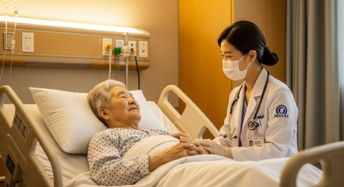 병실에서 치료받는 고령층 환자의 모습