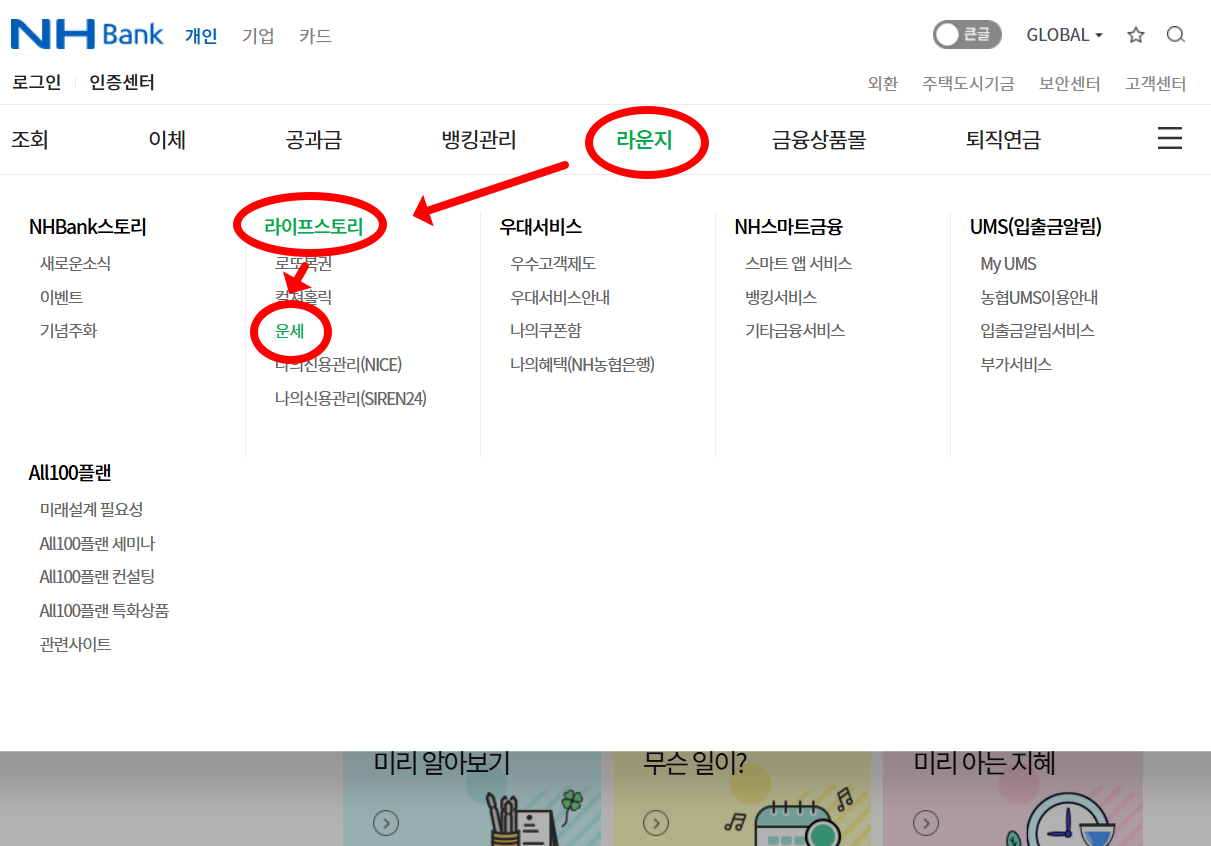 농협 운세보기 메뉴 경로