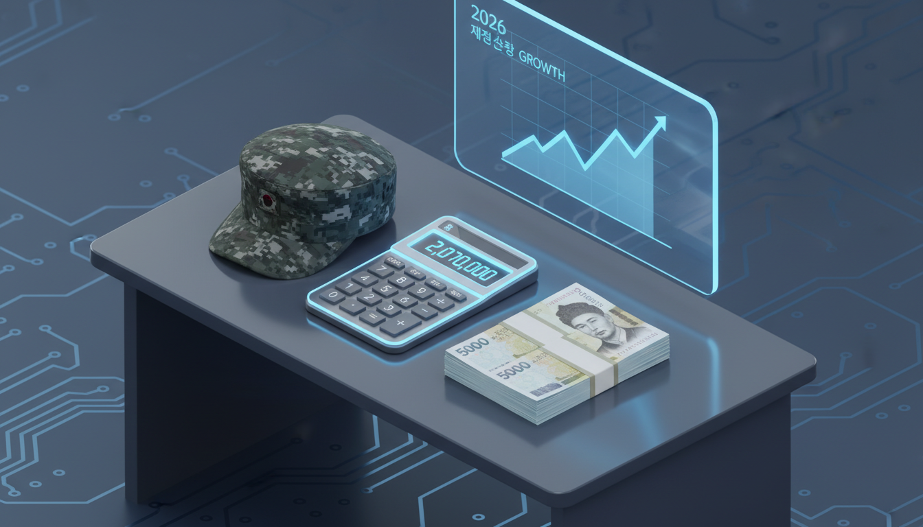 2026년 하사 월급 인상과 실수령액 계산을 상징하는 군인 모자와 계산기, 한국 원화가 배치된 현대적인 금융 이미지