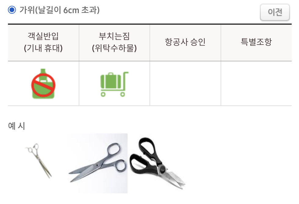 기내반입 불가능 가위