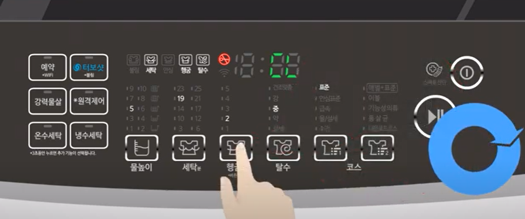 헹굼 버튼 아래에 &lsquo;버튼잠금&rsquo; 표시가 있는 경우 문잠김 해제방법