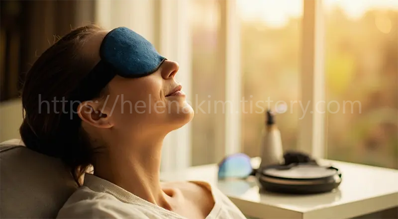 눈을 쿨링 아이마스크로 감싸고 쉬고 있는 이미지.