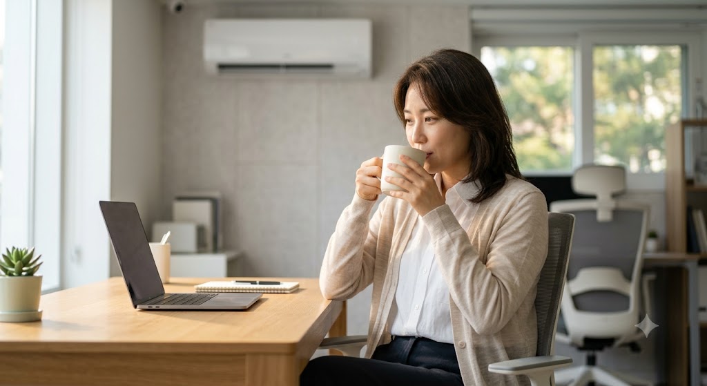 에어컨이 켜진 실내에서 가디건을 입고 따뜻한 차를 마시며 냉방병을 예방하는 실제 사진 모습