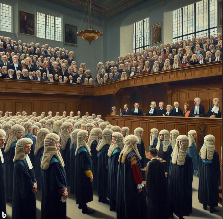 가발을 착용하고 재판하는 영국 법원(made by Bing)