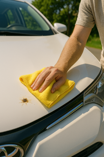 차량 보닛에 떨어진 새똥을 마이크로화이버 타월로 닦아내는 모습