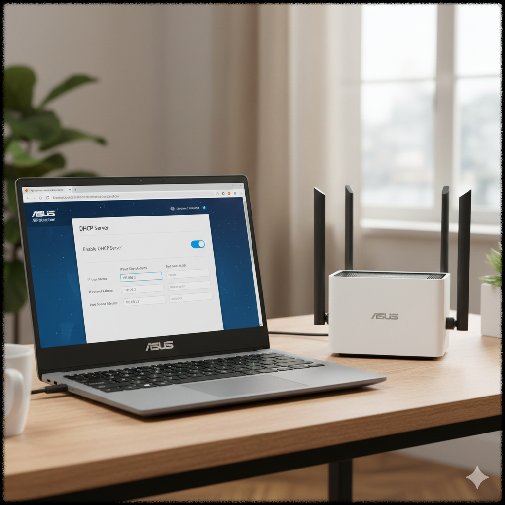 웹 브라우저로 라우터 관리 페이지에서 DHCP 서버 설정을 확인하는 모습