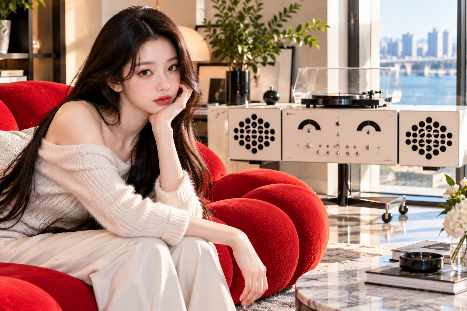 장원영 오디오 가격으로 화제가 된 브리온베가 라디오포노그라포 RR226 화이트와 빨간 소파를 표현한 고급 거실 인테리어 이미지