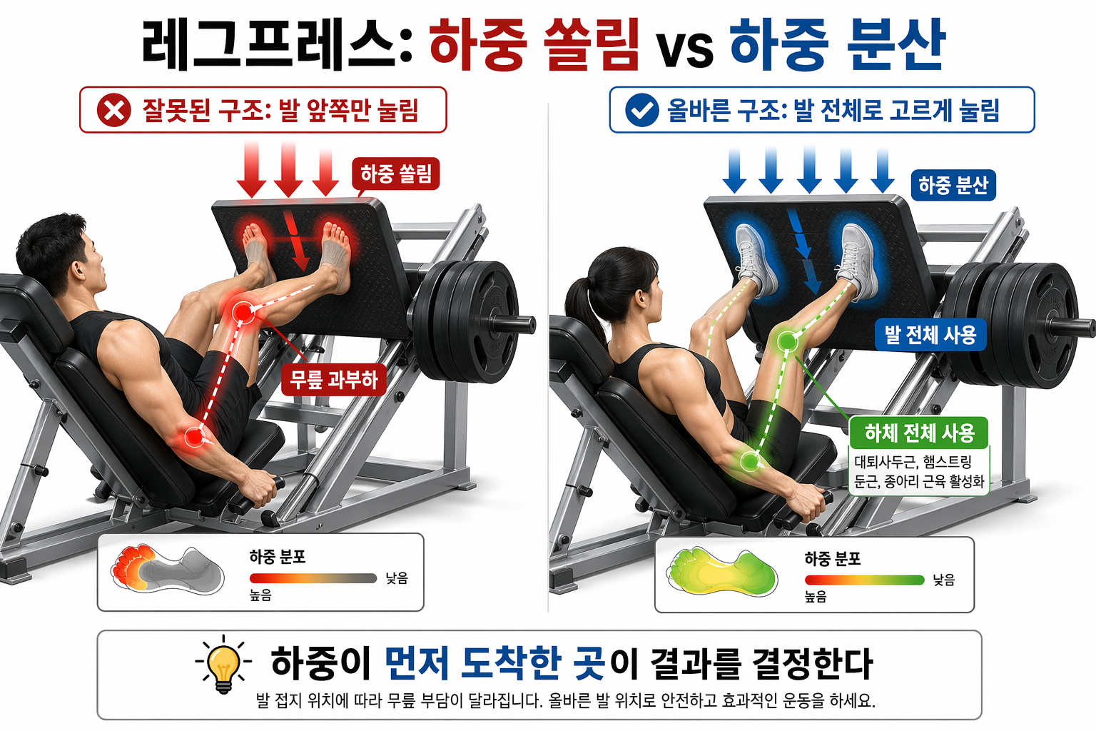 &ldquo;레그프레스: 하중 쏠림 vs 하중 분산&rdquo;