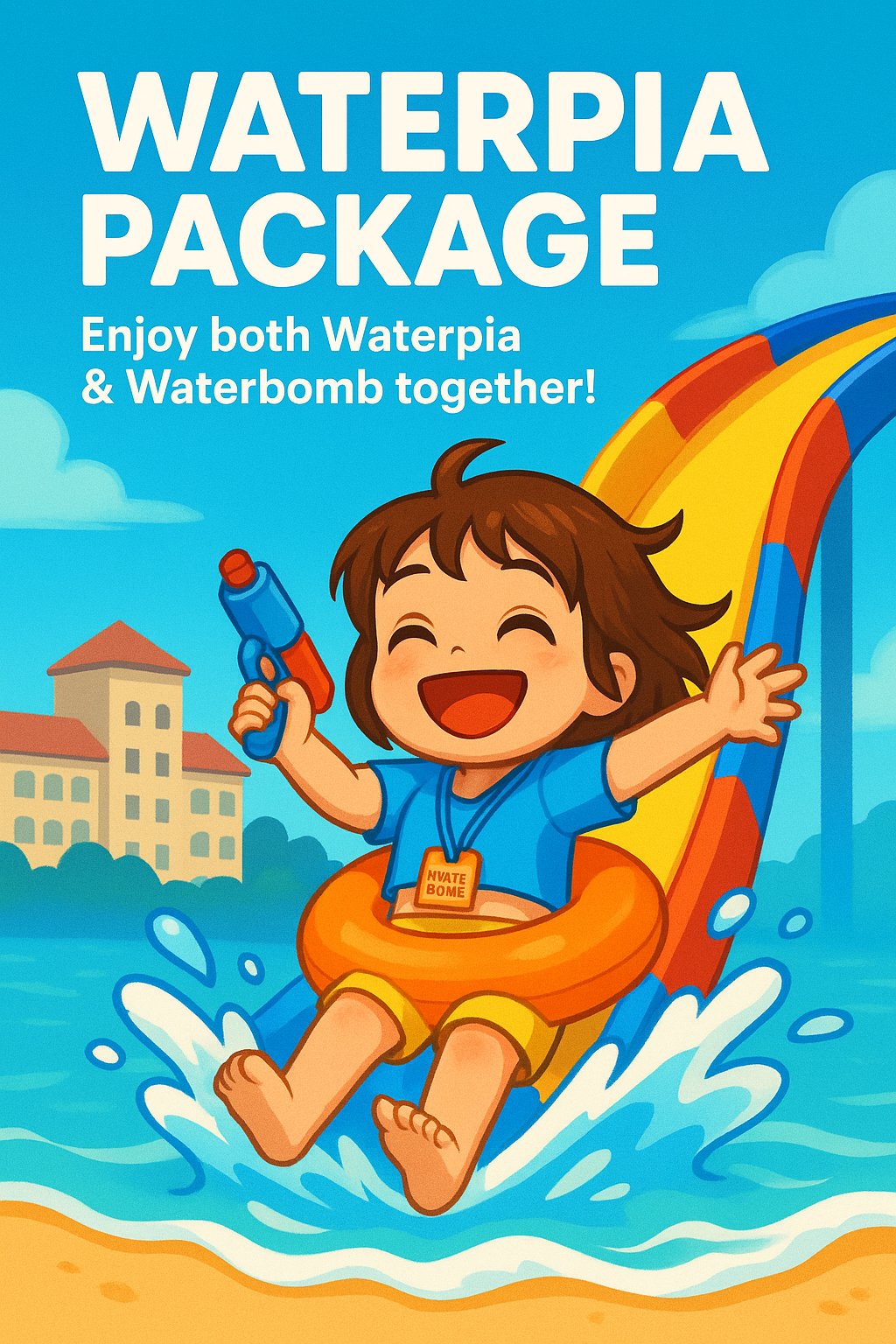 워터피아 패키지는 워터밤과 설악 워터피아를 동시에 즐길 수 있다는 이미지를 보여줌