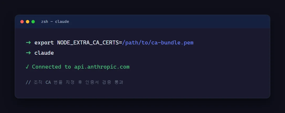NODE_EXTRA_CA_CERTS 환경변수 설정 후 정상 연결되는 터미널 화면