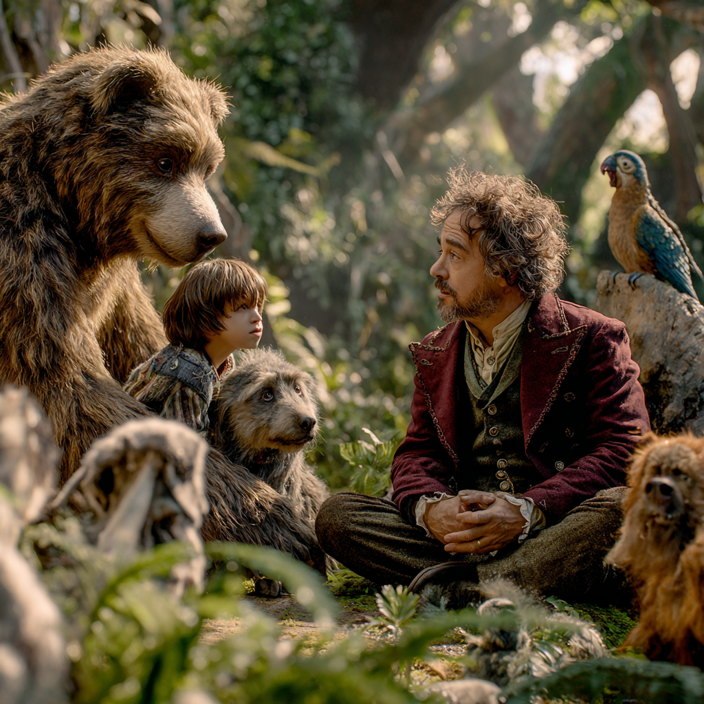 숲 속에서 두리틀과 동물 친구들, 소년이 대화하는 따뜻한 장면.