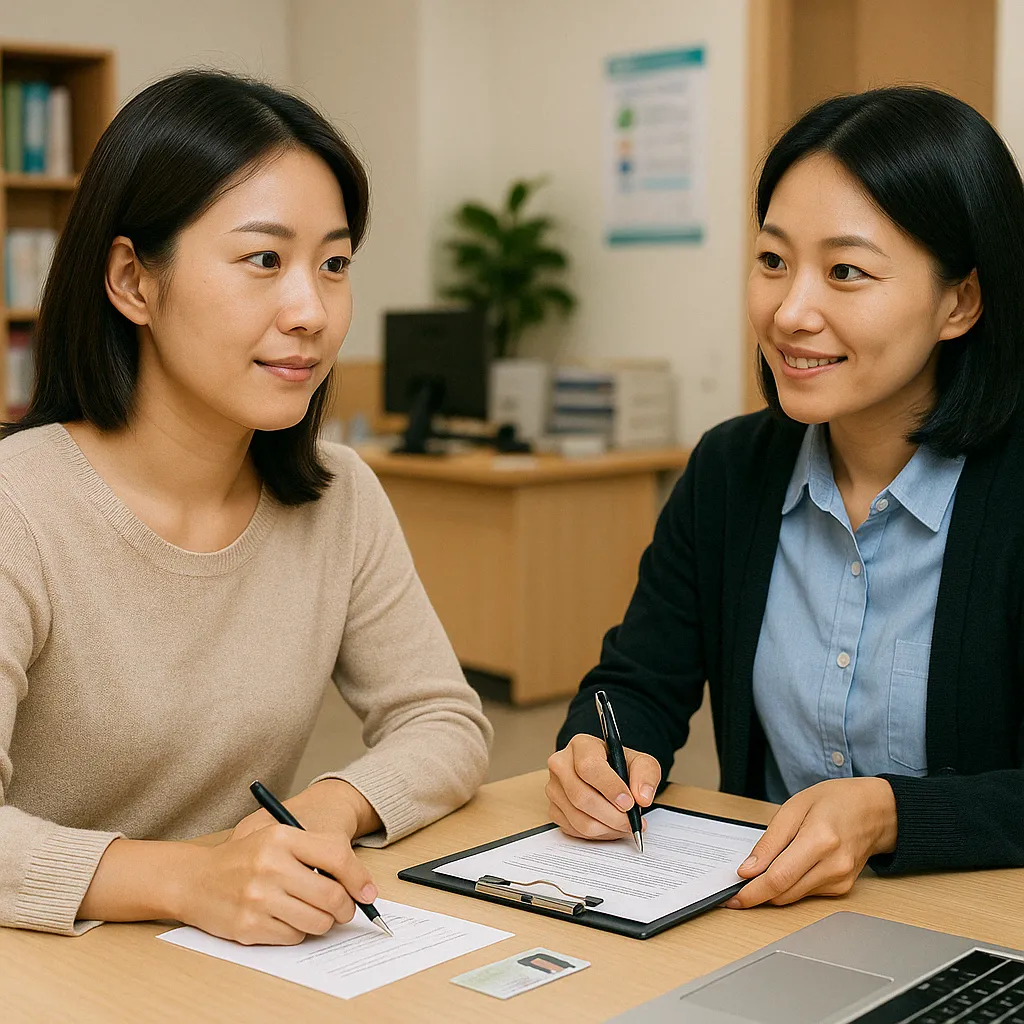 무직자 의료비 지원 상담 장면, 보건소에서 정부 제도 안내받는 모습