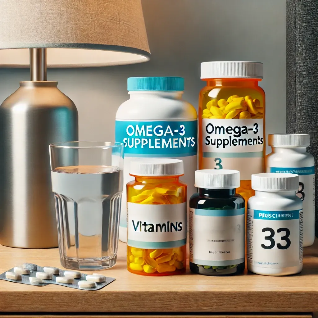 치매 관리를 위한 처방약과 보충제를 깔끔하게 정리하여 놓은 침대 옆 탁자, 비타민과 오메가-3 보충제, 처방된 약, 옆에 놓인 물컵.