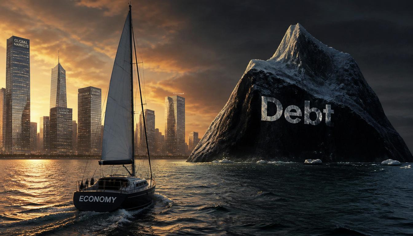 A modern financial city skyline sailing towards a massive dark iceberg representing the debt crisis.