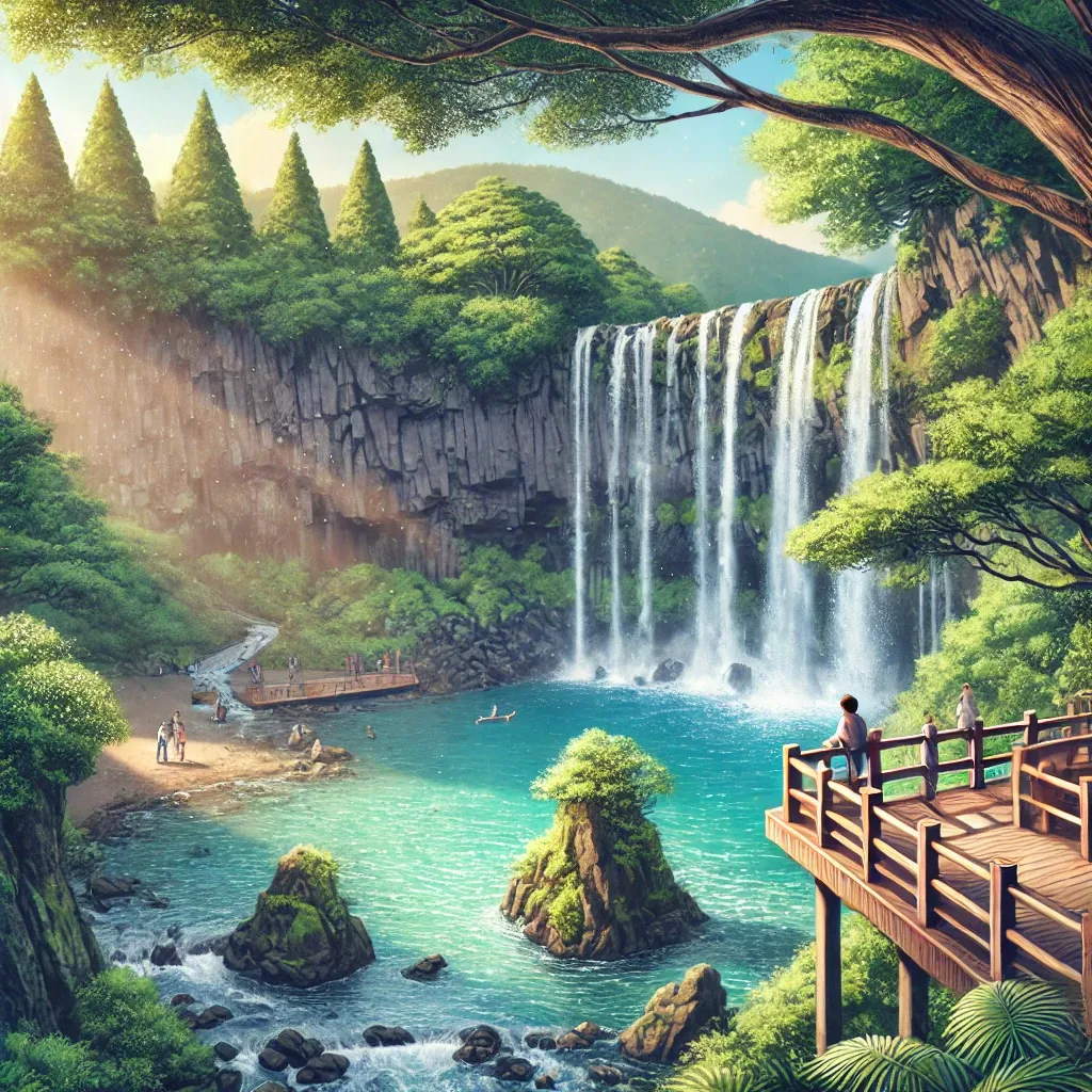 천지연 폭포와 주변 녹지&amp;#44; 관람객이 있는 풍경