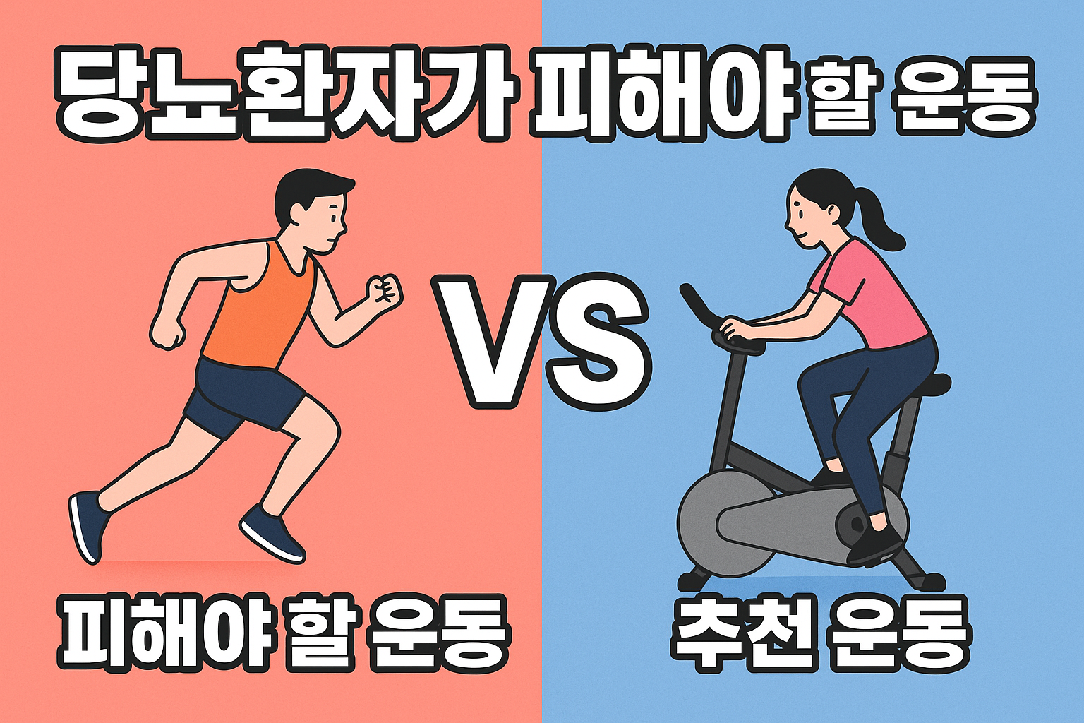 당뇨환자가 피해야 할 운동과 추천 운동 비교 인포그래픽. 왼쪽은 스프린트하는 남성 그림(피해야 할 운동), 오른쪽은 실내 자전거 타는 여성 그림(추천 운동), 중앙에 ‘VS’ 문구가 있음.”