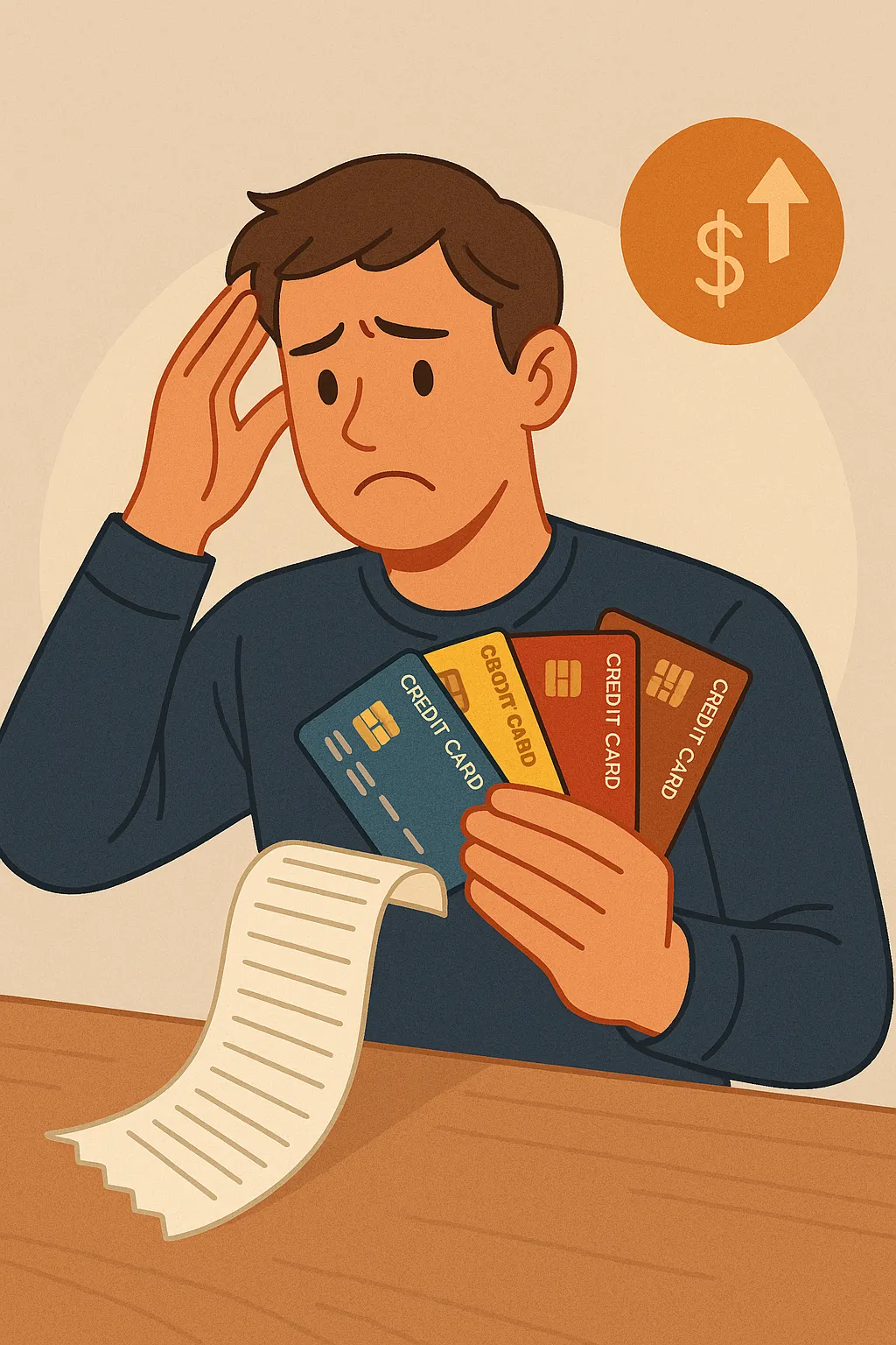 여러-신용카드를-들고-실적을-맞추려다-지출이-늘어나-걱정하는-남성의-모습을-통해-카드-실적-소비의-위험성과-경제적-부담을-표현한-일러스트
