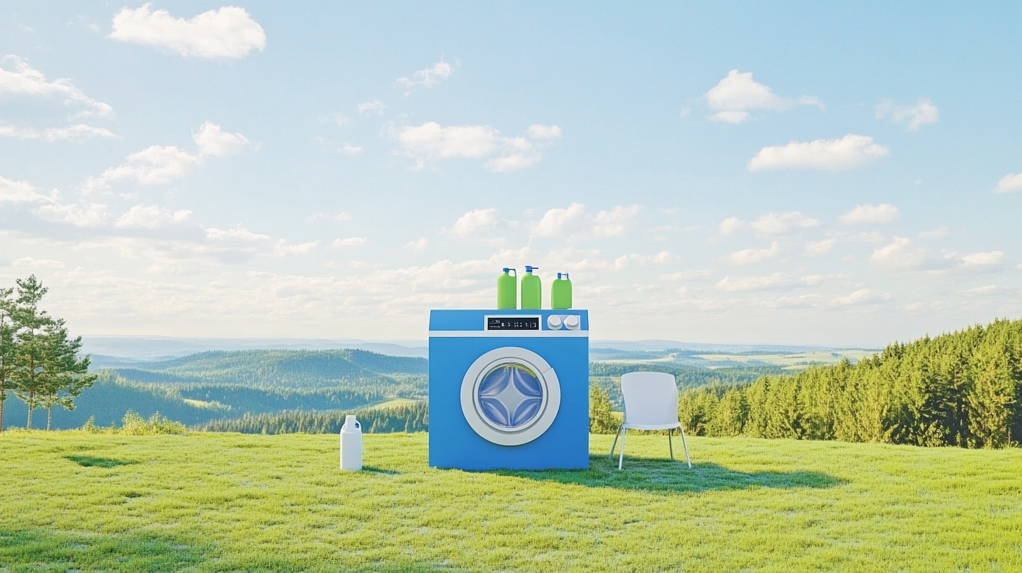 자연 배경에 위치한 미세플라스틱 저감 기능이 있는 친환경 세탁기로, 기술과 지속 가능성을 조화롭게 이룬 장면
