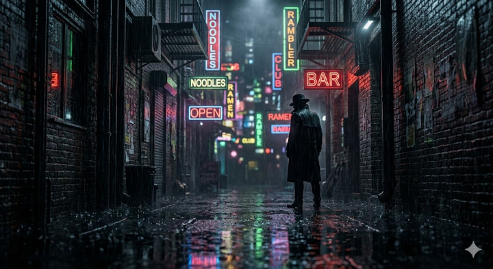 안개 속에서 흐릿해지는 남자의 초상, 기억의 파편들이 공중에 흩어지는 몽환적이고 긴박한 구도