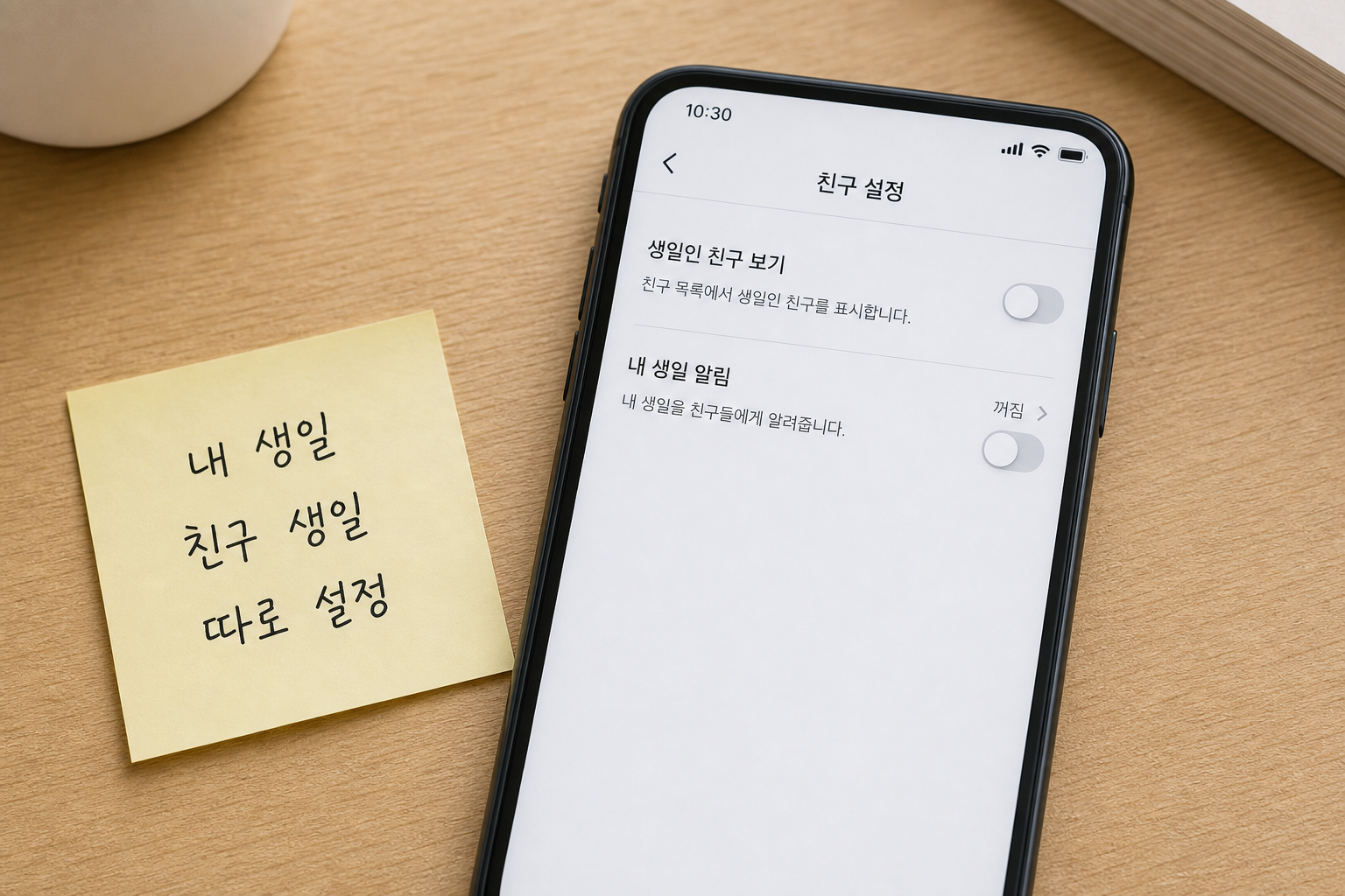 카카오톡 친구 설정에서 생일인 친구 보기와 내 생일 알림을 끄는 스마트폰 예시 화면