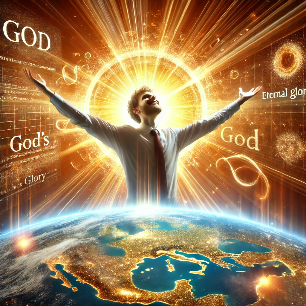 Here is the image depicting a person with a joyful expression, fully immersed in praising God's eternal name and glory. The scene represents the overwhelming presence of God's glory filling the earth, reflecting the deep worship and joy experienced throughout the day.