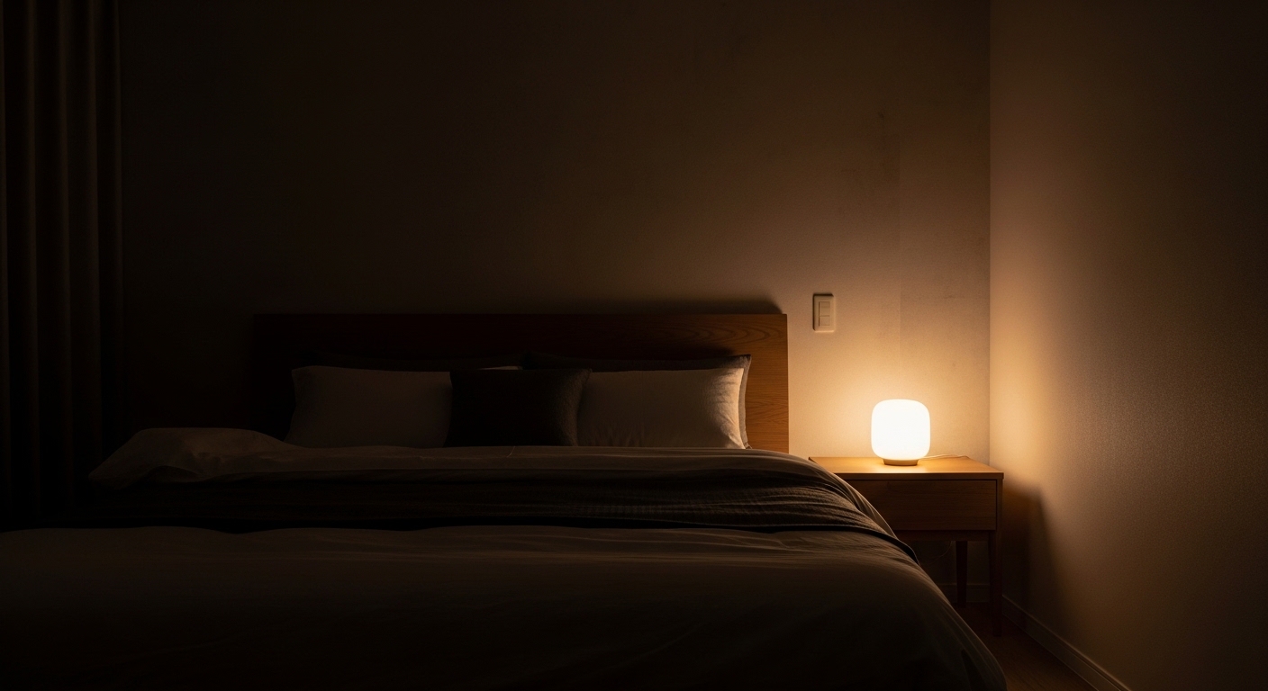 어두운 침실에서 은은하게 빛나는 수면 무드등