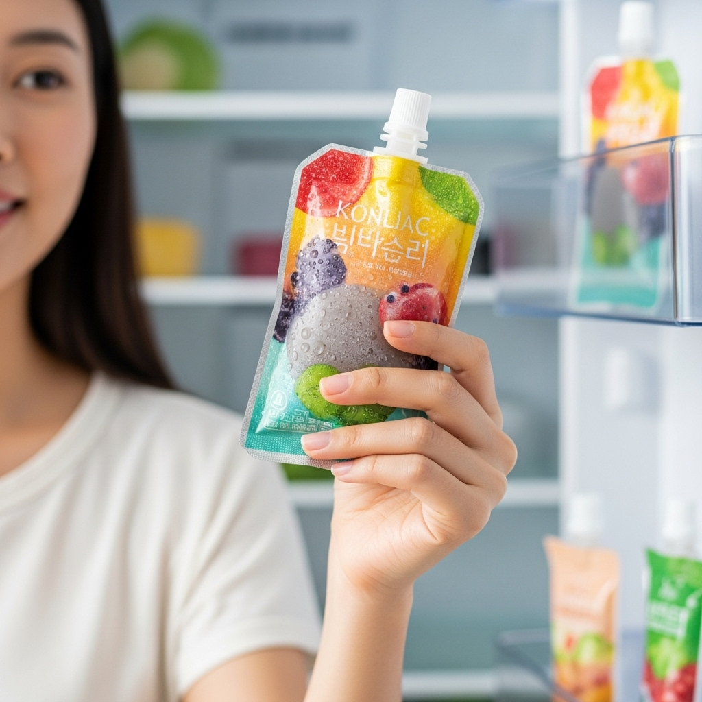 냉장고에서 막 꺼낸 시원한 곤약 젤리 파우치를 한 여성이 만족스럽게 들고 있는 모습