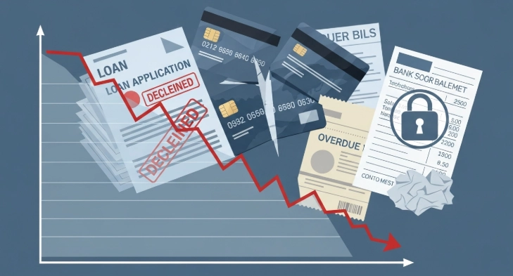 신용 점수 그래프가 급락하고 대출이 거부된 모습을 보여주는 금융 거래 제한 이미지