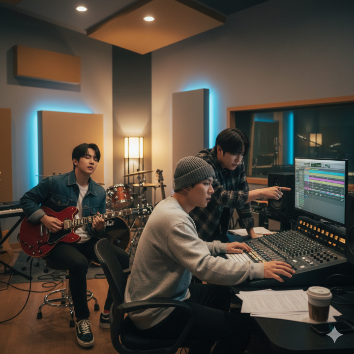 스트레이키즈 멤버 3RACHA(방찬, 창빈, 한)이 스튜디오에서 작업하고 있는 모습