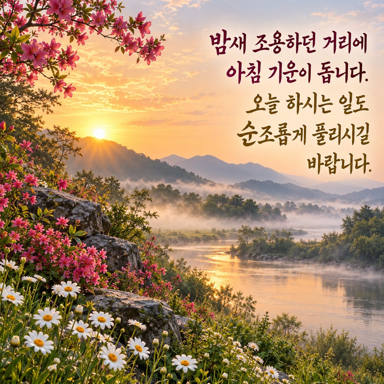 아침에 보내는 카톡 인사말 이미지 3 — 밤새 조용하던 거리에 아침 기운이 돕니다. 오늘 하시는 일도 순조롭게 풀리시길 바랍니다.